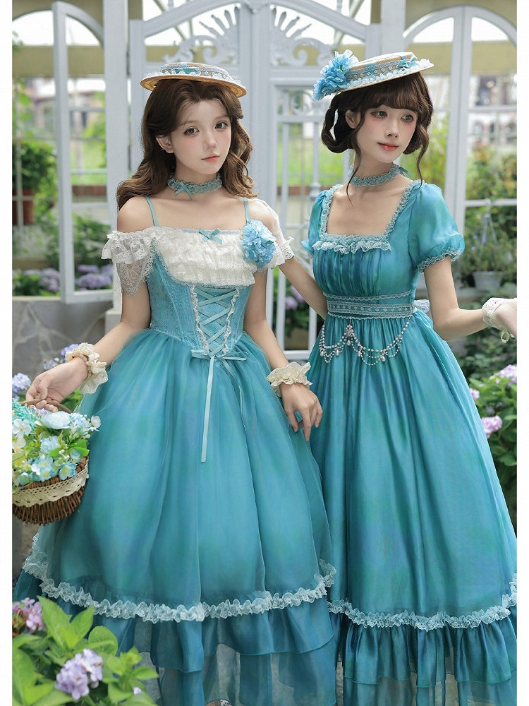 Teal Flutter-Sleeve Lolita JSK with Lace-Up Back and Tiered Skirt - image 11
