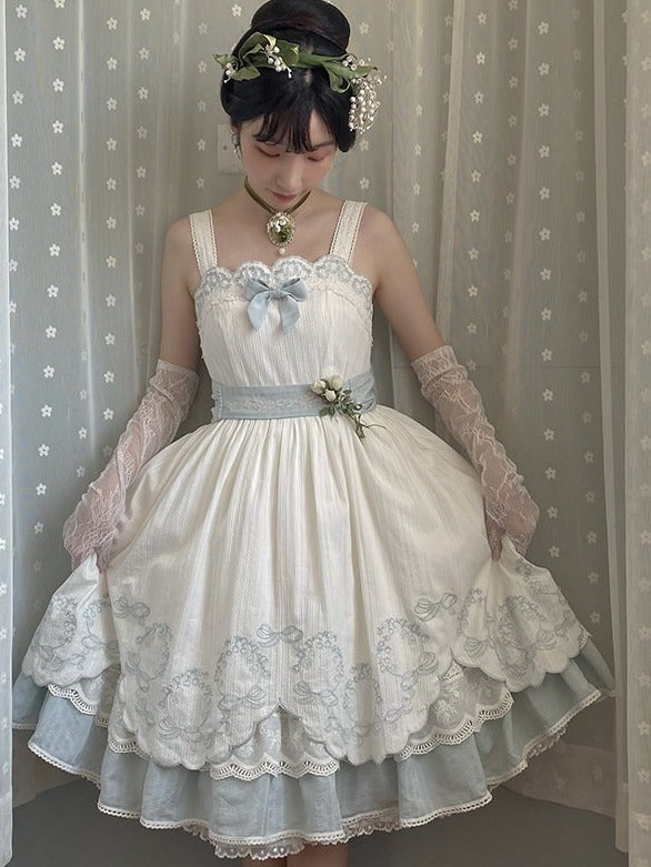 White and Blue Lace-Trim JSK Dress with Bow and Belt - image 1