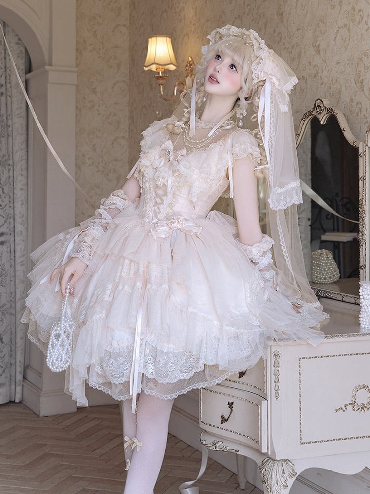 Champagne Illusion Neckline Princess Lolita JSK Dress Full Set - image 5