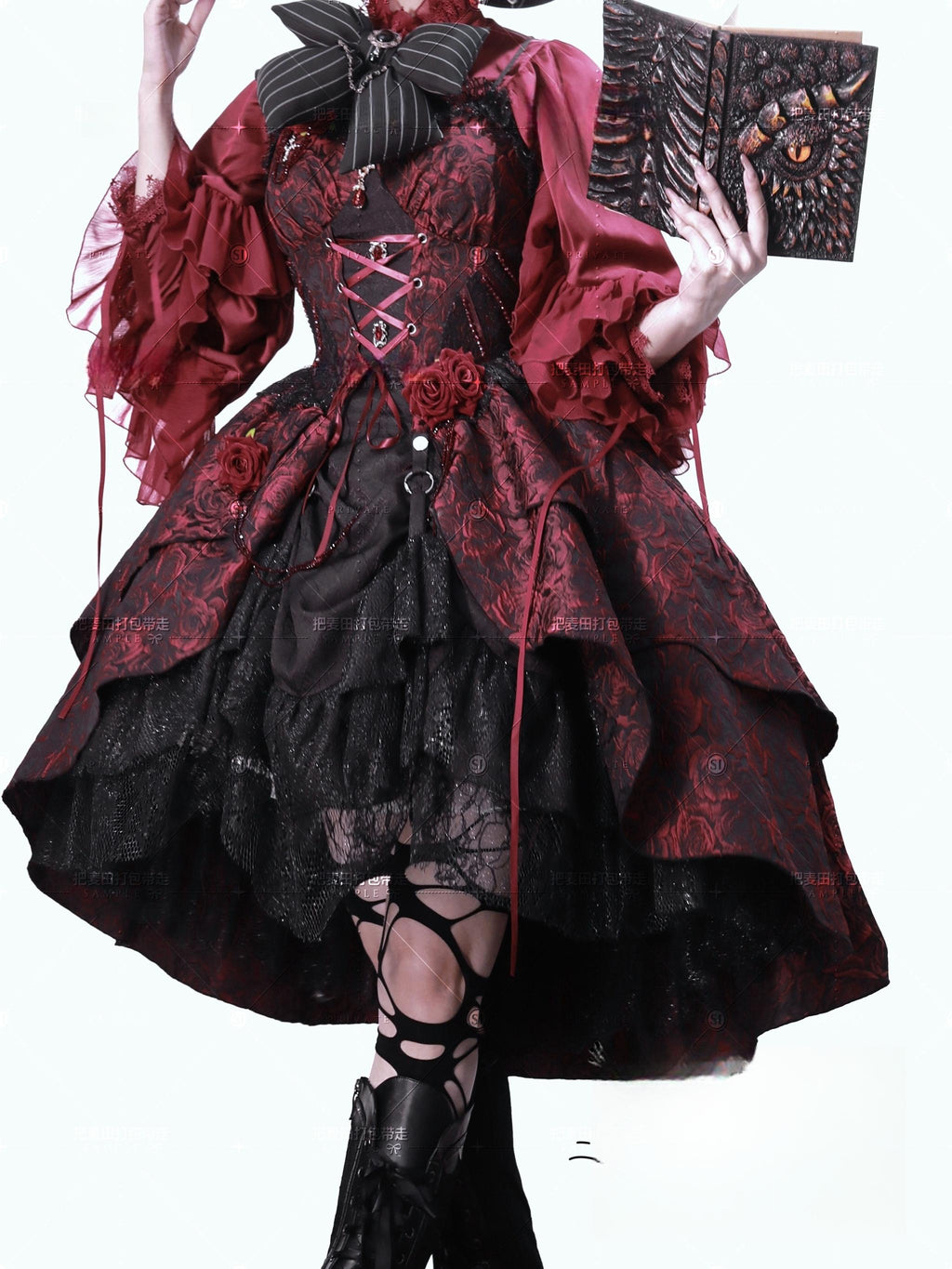 Rose Blood - Black Red Gothic Lolita JSK Jacquard Court Dress - image 5