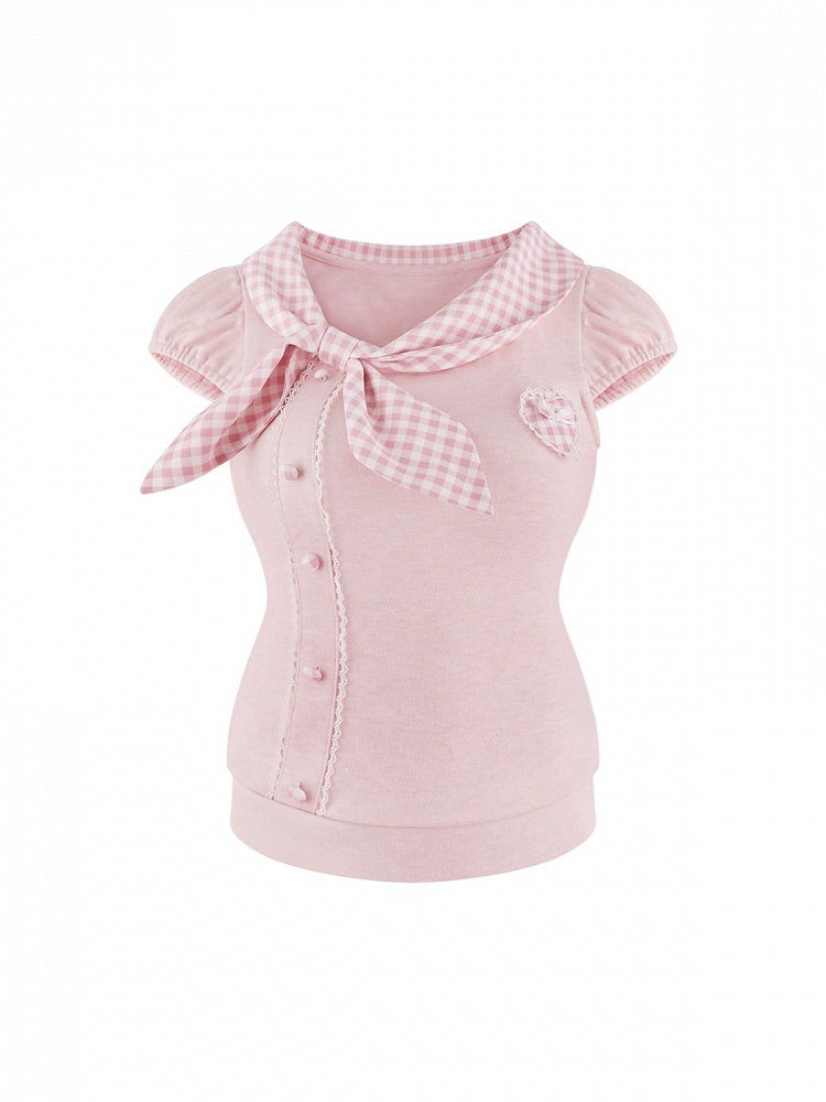 Pink Gingham Puff Sleeve Top with Tie Collar - serendipity - image 2