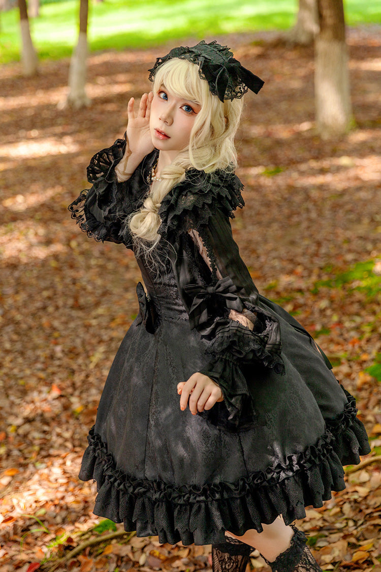 Floral Canon - Round Collar Sleeveless Jacquard Printed Ruffled Bow Gothic Lolita JSK Dress - image 8
