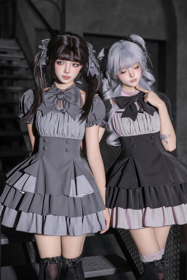 Square Collar Off Shoulder Short Sleeves Triple-Layered Bow Vintage Cool Lolita Dress - image 2