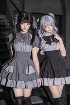 Square Collar Off Shoulder Short Sleeves Triple-Layered Bow Vintage Cool Lolita Dress - image 2