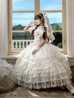Ivory Floral Embroidered Lolita Gown with Lace Trim and Bow Train - Mademoiselle Pearl - image 3