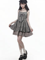 Graphite Halterneck Slip Dress with Lace Details and Ribbon Bow - PINK SAVIOR - image 1