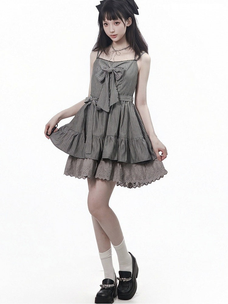 Graphite Halterneck Slip Dress with Lace Details and Ribbon Bow - PINK SAVIOR - image 1