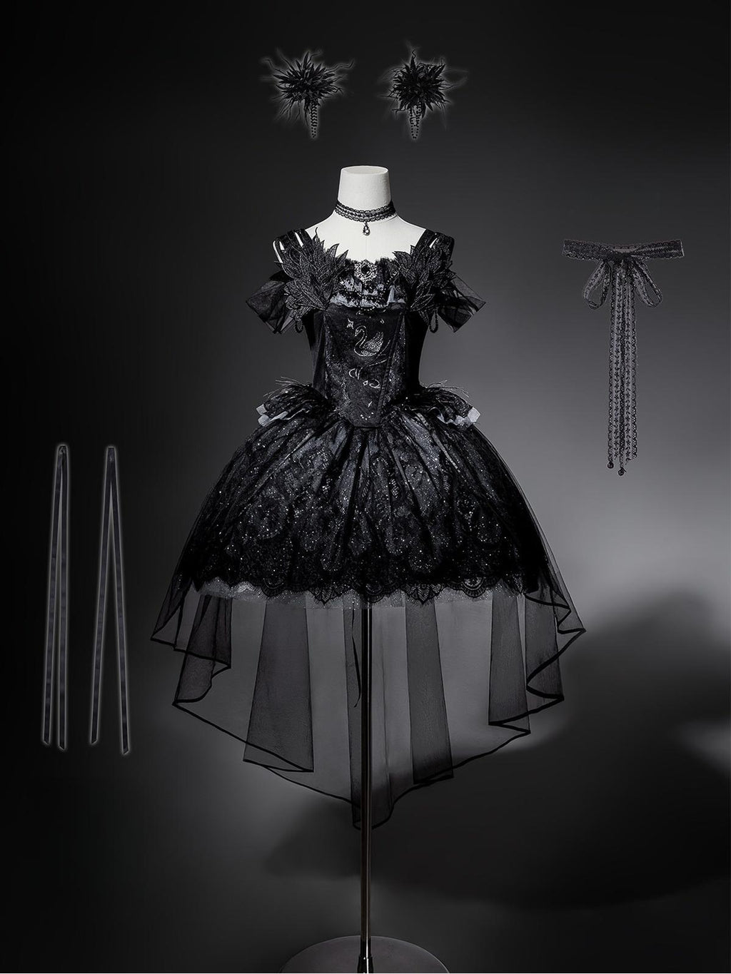 Star Swan Dream - Black Gothic Lolita JSK Dress, Swan Embroidery - image 5