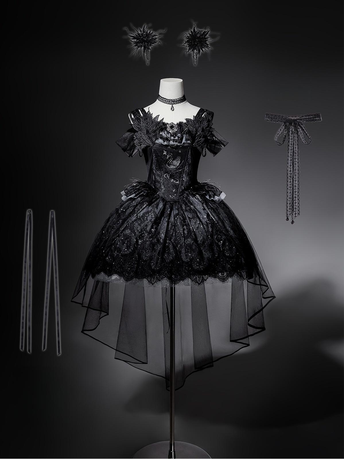 Star Swan Dream - Black Gothic Lolita JSK Dress, Swan Embroidery - image 5