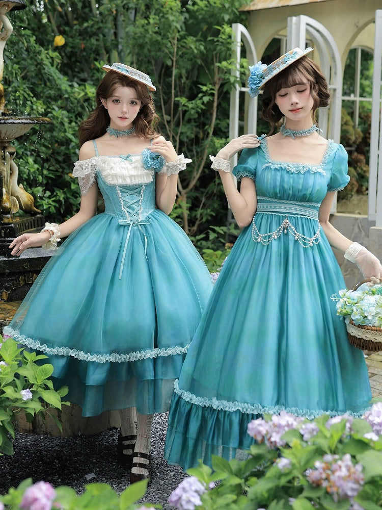 Teal Ruffle Classic Lolita OP Dress Set with Coordinating Accessories - image 9
