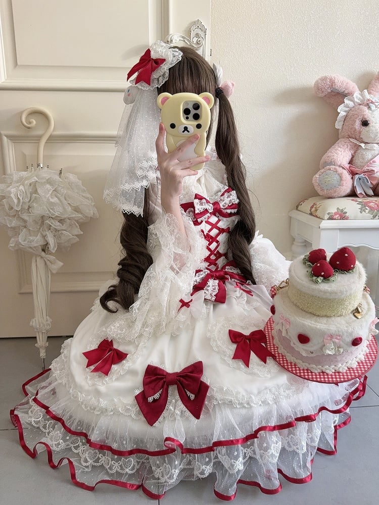 Sweet Princess Red and White Lolita JSK Dress, Veil and Bow Train Set - image 8