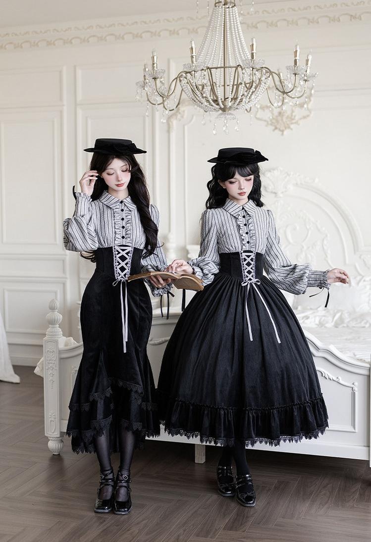 Dusk Moment - Classic Lolita Striped OP & Mermaid Dress Set, Fishbone Waist - image 2