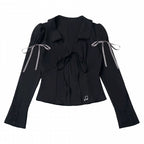 Onyx Lace-Collar Long-Sleeve Top with Musical Embroidery - PINK SAVIOR - image 1