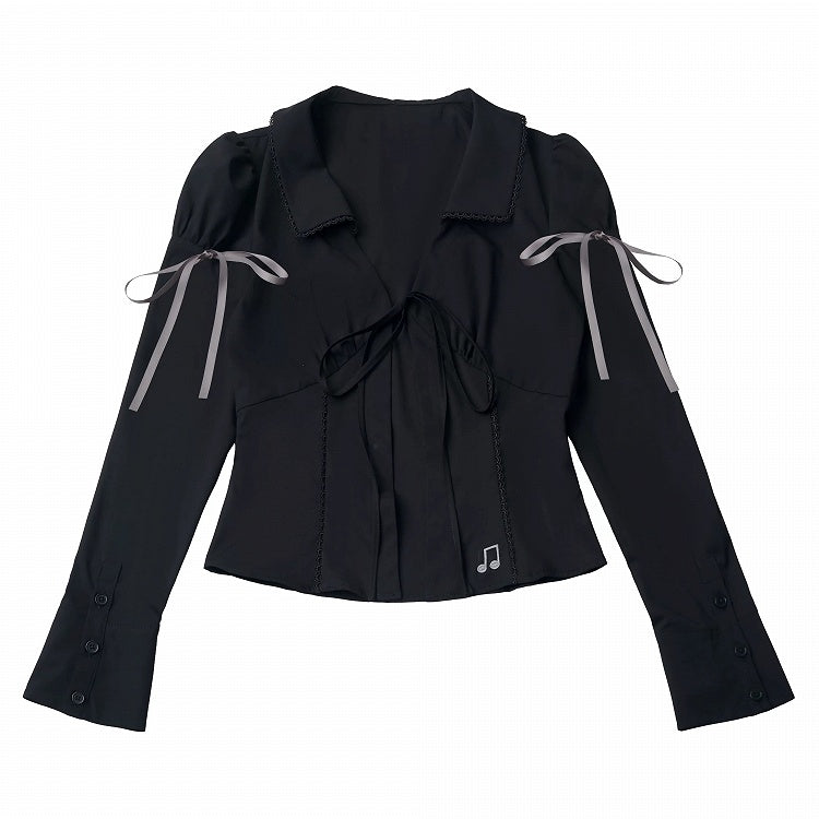 Onyx Lace-Collar Long-Sleeve Top with Musical Embroidery - PINK SAVIOR - image 1