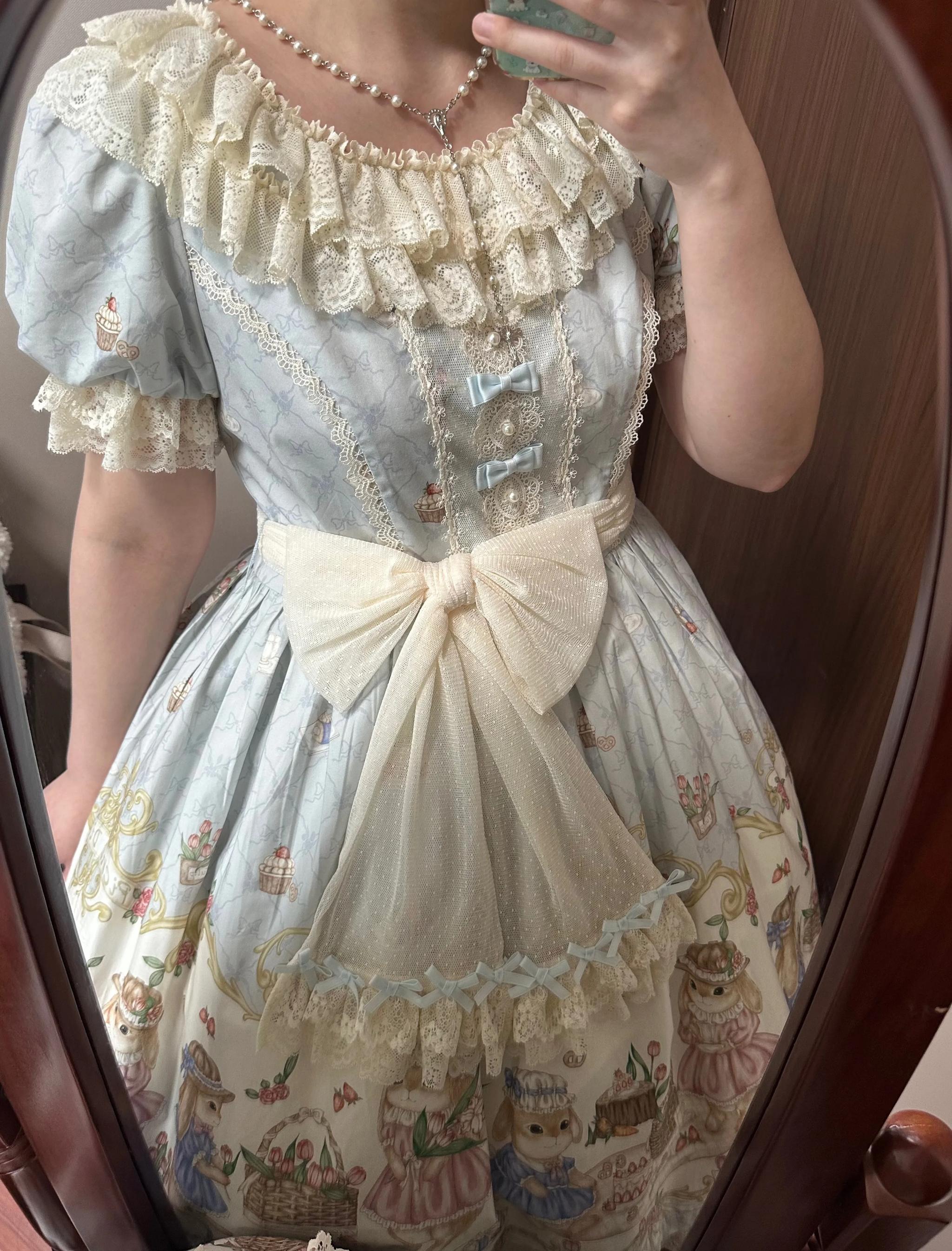 Picnic Bunny - Cotton Daily Doll-like Lolita OP Dress, Bunny Print and Accessories - image 10