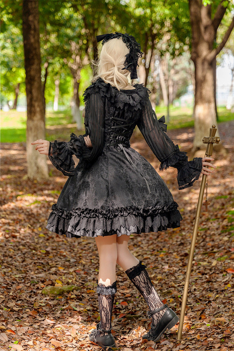 Floral Canon - Round Collar Sleeveless Jacquard Printed Ruffled Bow Gothic Lolita JSK Dress - image 2