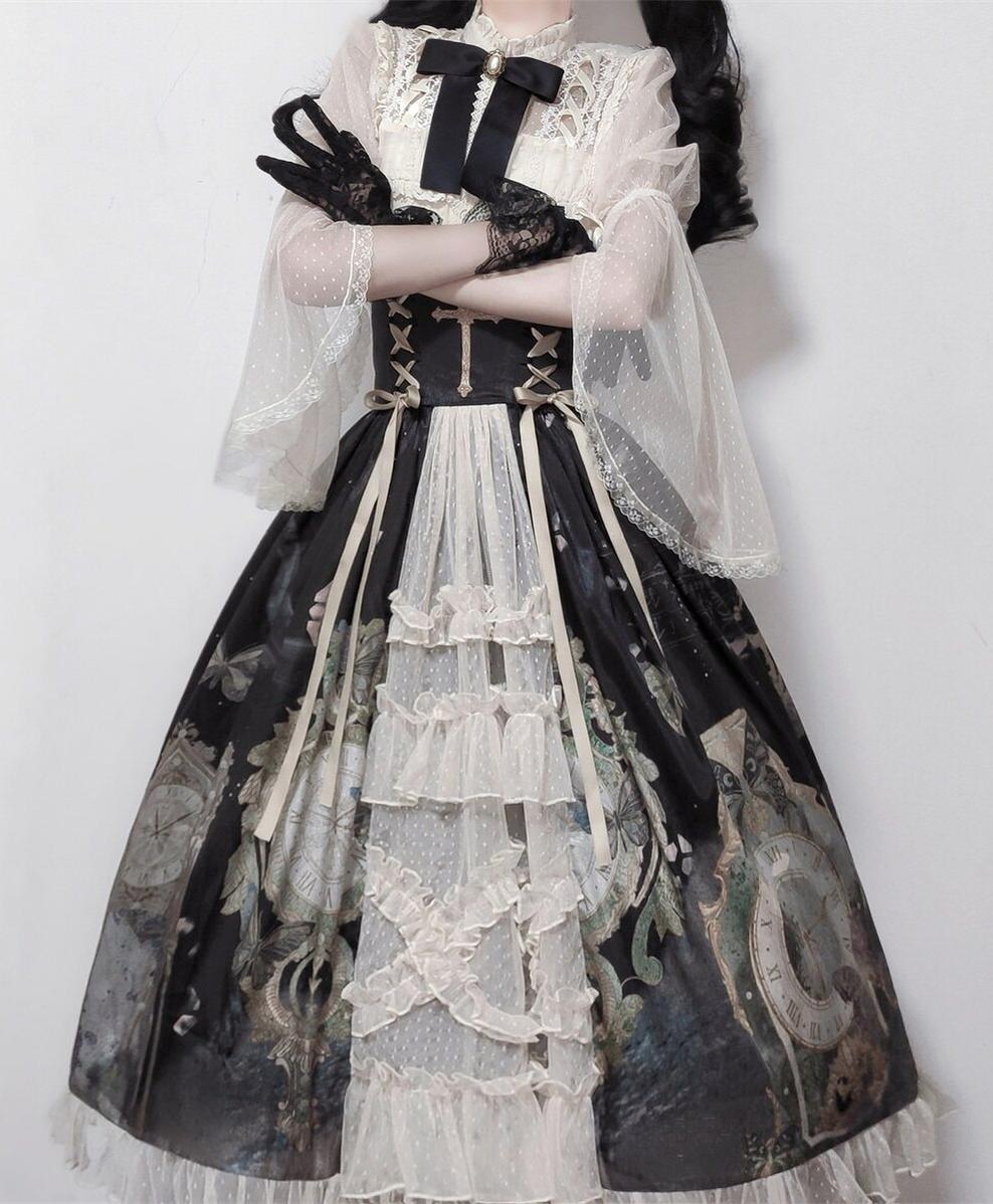 Clock Butterfly - Gothic Lolita Printed Blouse and Corset Skirt Set - image 18