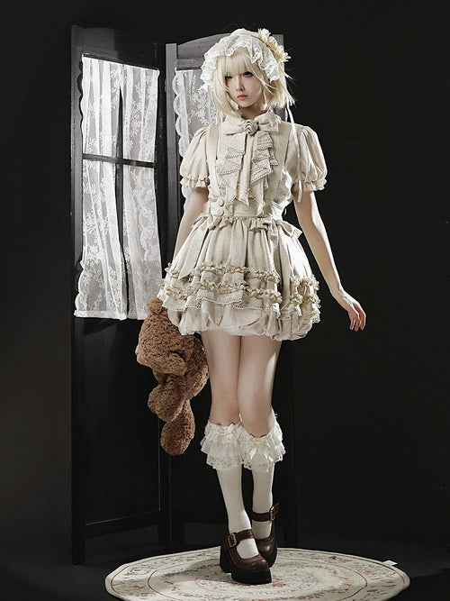 Beige Sweet Lolita Blouse and Ruffle Bubble Skirt Set - image 1