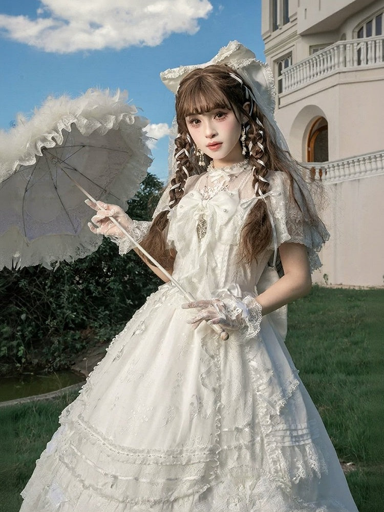 Ivory Floral Embroidered Lolita Gown with Lace Trim and Bow Train - Mademoiselle Pearl - image 6