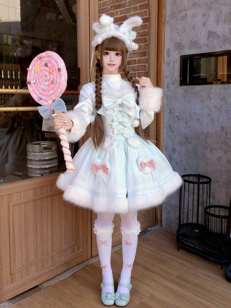 Bunny Ears Hooded Cape - Sweet Lolita Pink & White Faux Fur Dress and Accessories - image 6