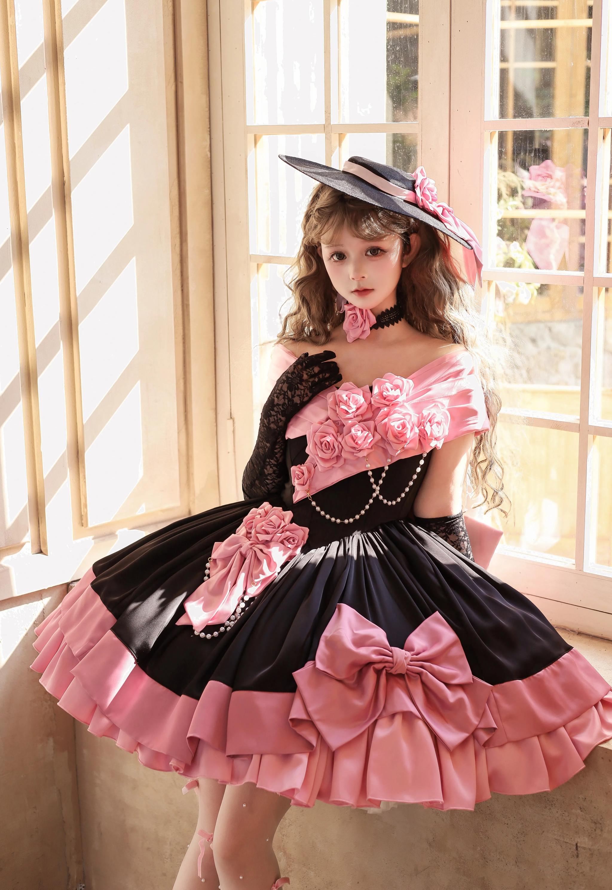 Casket Rose - Elegant Lolita Satin Corset Dress with 3D Pink Roses - image 3