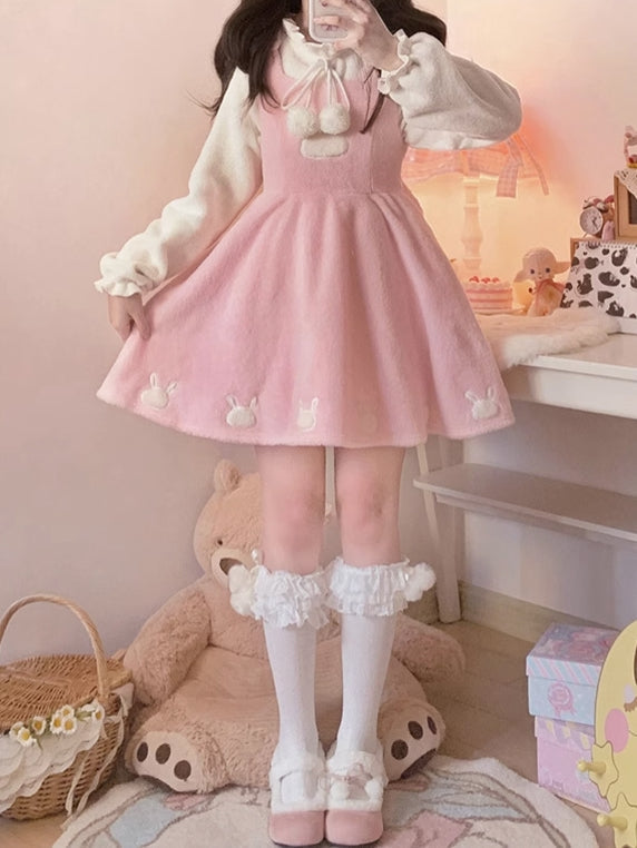 Pink Bunny Ears Hooded Plush Overalls Sweet Lolita Dress - image 4