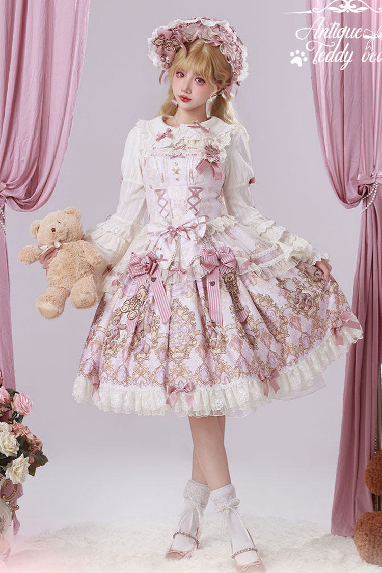 Antique Teddy Bear - Sleeveless Printed Bow Lace Sweet Elegant Lolita JSK Dress - image 10