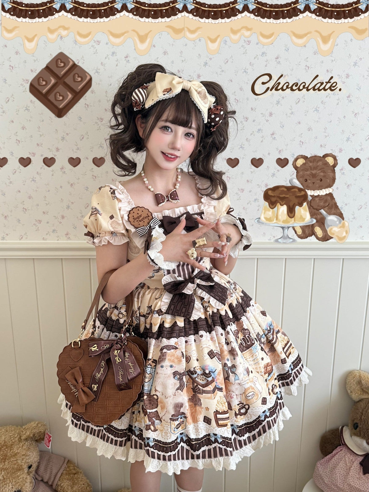 Chocolate Cake Party Honey Cat Print Sweet Lolita JSK - image 9