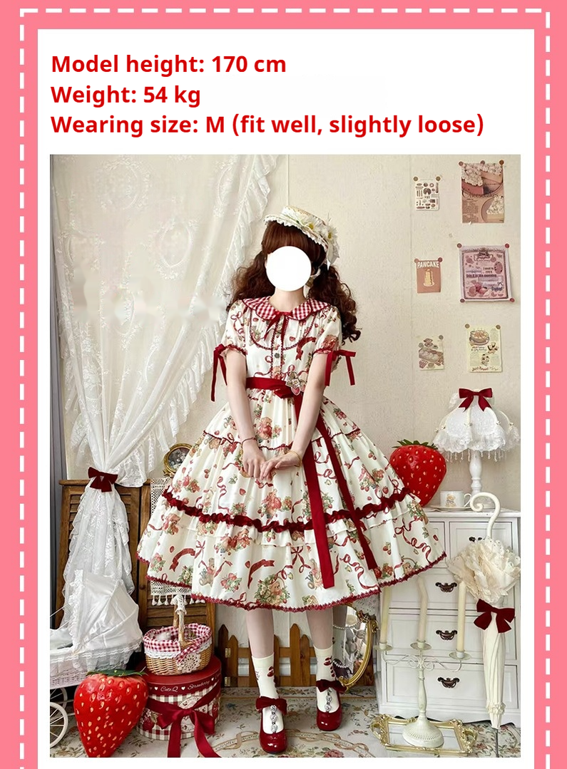 The Bear's Strawberry Field - Daily Lolita OP Dress With Petal Collar & Bear Strawberry Print and Accessories - image 12