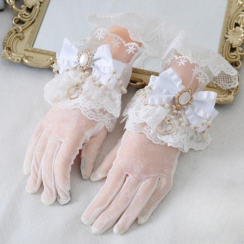 Vintage Lolita Lace Gloves with Bow and Bead Chain - image 4