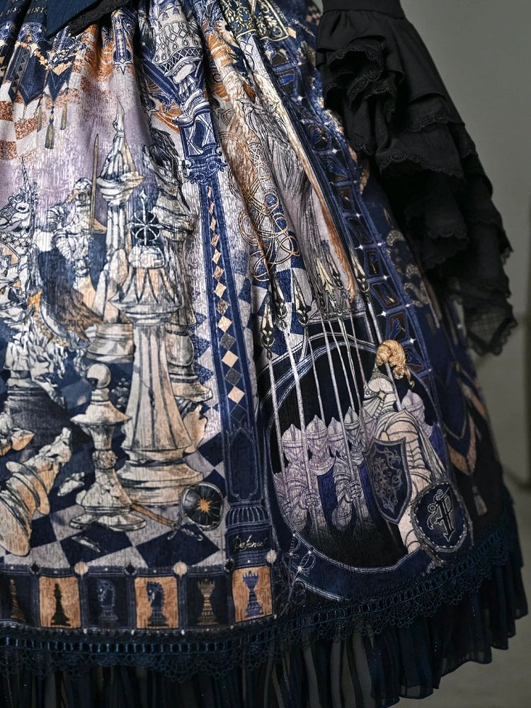 Dark Blue Chess-Print Corset-Waist Lolita Skirt - image 4
