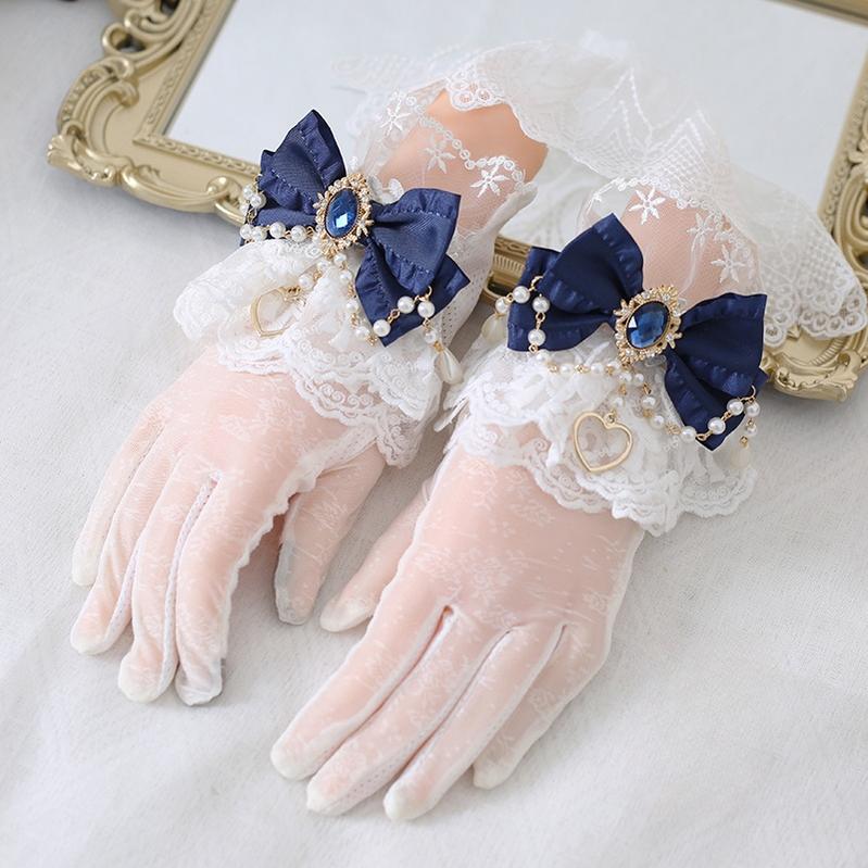 Vintage Lolita Lace Gloves with Bow and Bead Chain - image 2