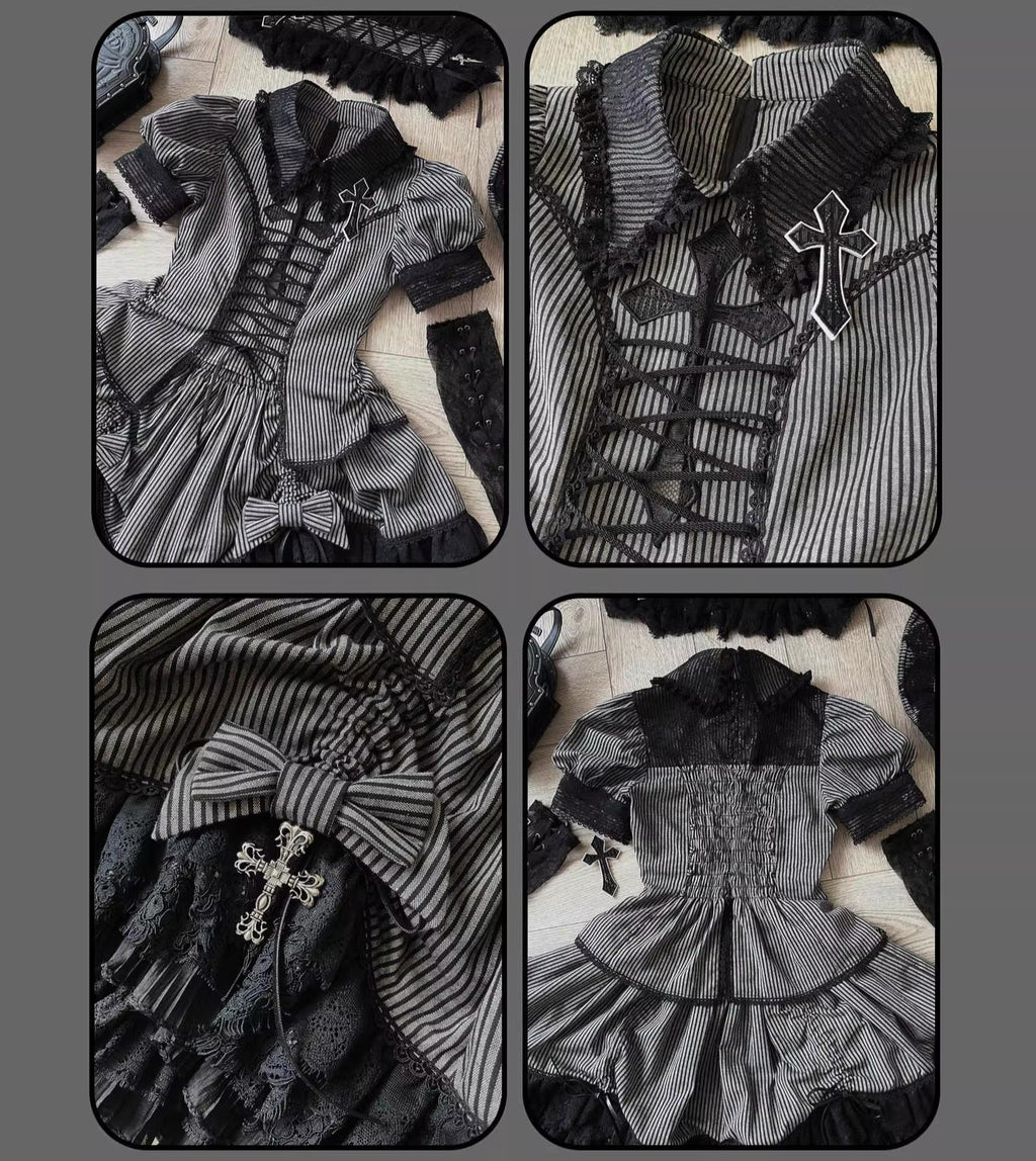 Striped Cross - Gothic Coordinated Lolita Set, Adjustable Blouse & Skirt - image 30
