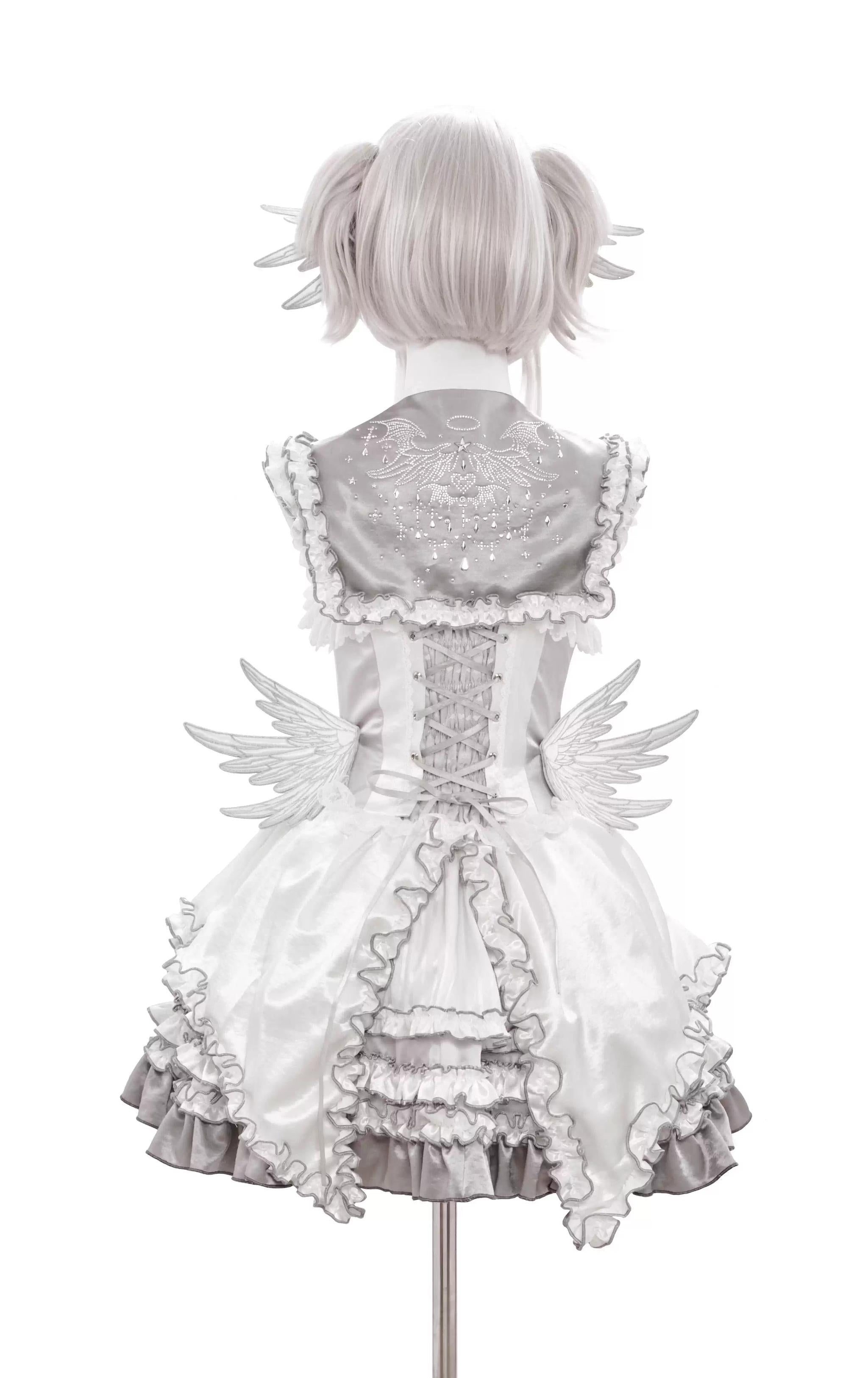 Metallic Angel - Silver-white Punk Lolita JSK, Wing and Rhinestone Details - image 36