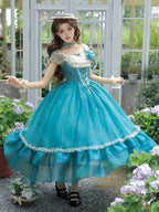 Teal Flutter-Sleeve Lolita JSK with Lace-Up Back and Tiered Skirt - image 5