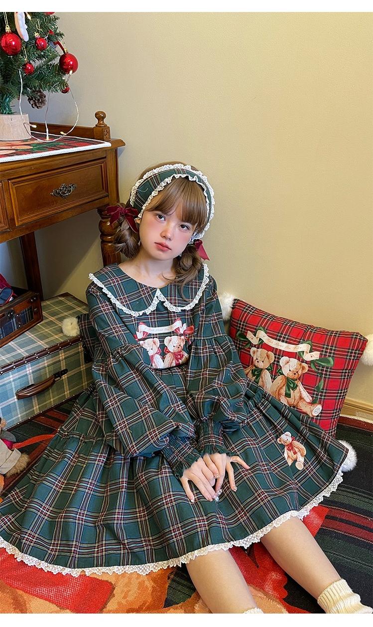 Christmas Vintage Lolita Skirts Doll Collar Blouse Plaid Skirt Set - image 26