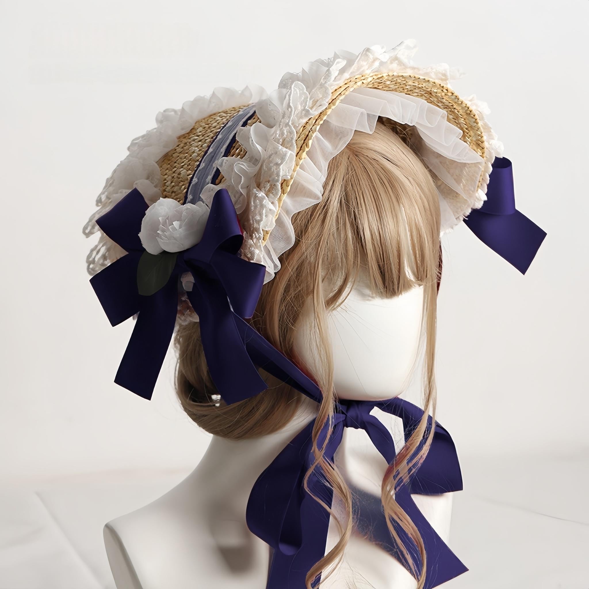 Country Straw BNT Lolita Headpiece with Ruffled Lace - image 9