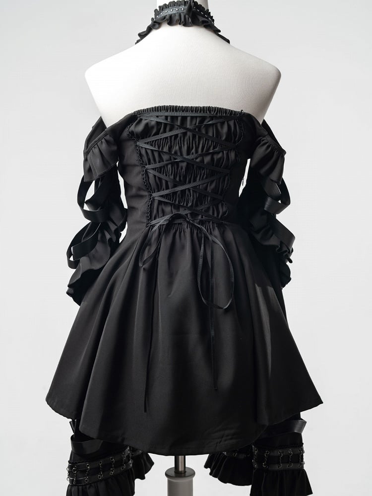 Black Halter Flare Long-Sleeve Dress with Leather Straps and Shorts Set - image 8