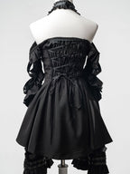 Black Halter Flare Long-Sleeve Dress with Leather Straps and Shorts Set - image 8