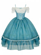 Teal Flutter-Sleeve Lolita JSK with Lace-Up Back and Tiered Skirt - image 1