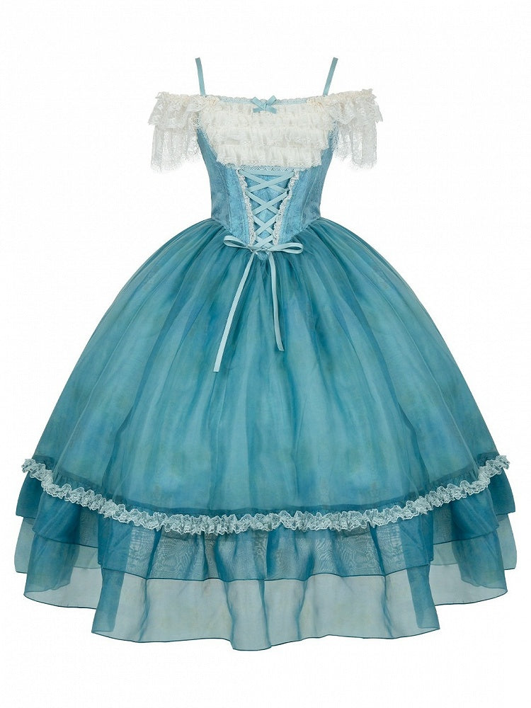 Teal Flutter-Sleeve Lolita JSK with Lace-Up Back and Tiered Skirt - image 1