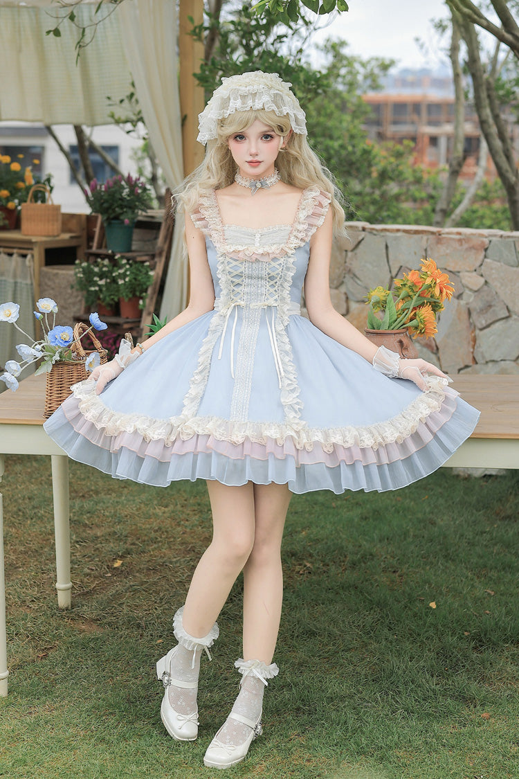Island Diary - Square Collar Flutter Sleeves Triple-Layered Ruffled Lace-Up Sweet Lolita JSK Dress 2 Versions - image 15
