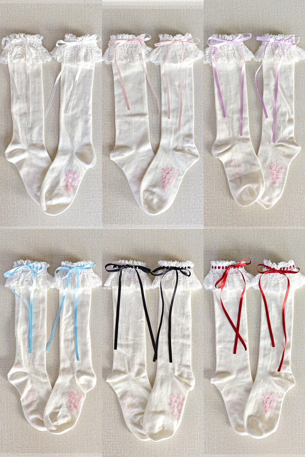 Cotton Old School Lolita White Socks with Colorful Ribbon Bows - image 2