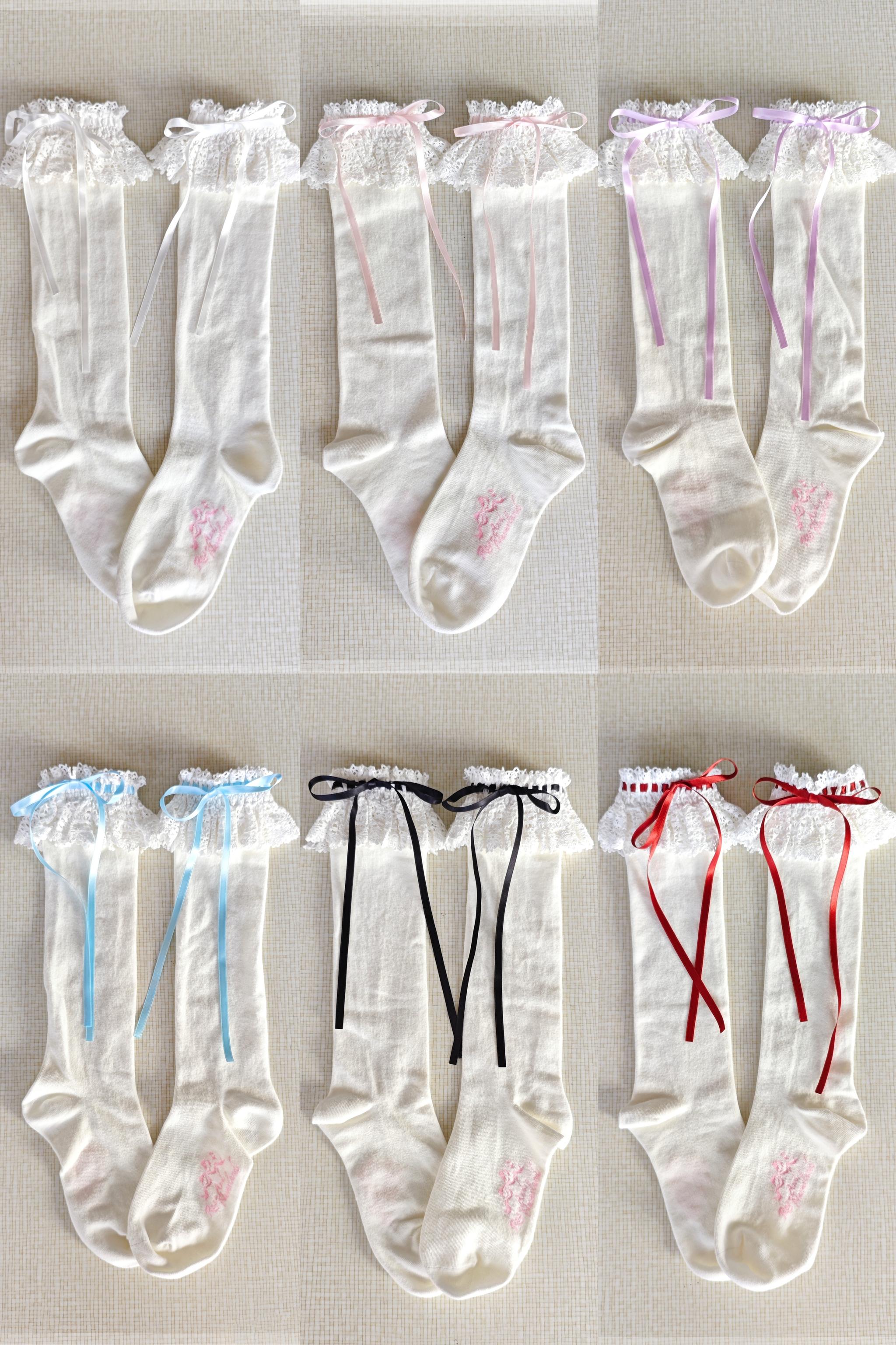 Cotton Old School Lolita White Socks with Colorful Ribbon Bows - image 2