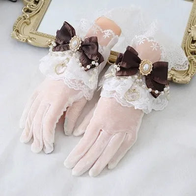 Vintage Lolita Lace Gloves with Bow and Bead Chain - image 12