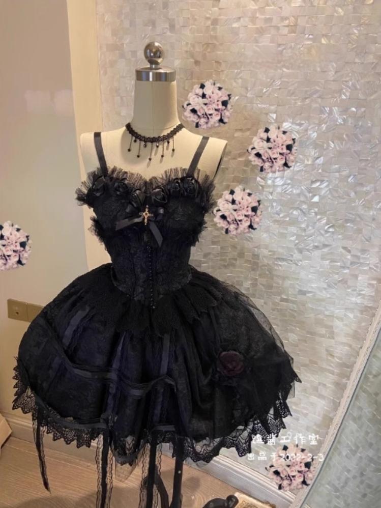 Rose Cage - Gothic Lolita Black Suspender Dress - image 10