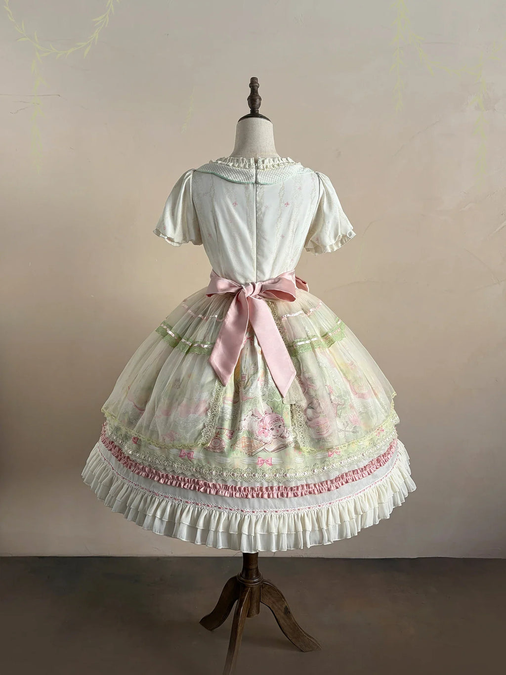 Bamboo Rabbit Pink Green Bunny Floral Print Bow Classic Lolita OP Dress and Accessories - image 10