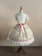Bamboo Rabbit Pink Green Bunny Floral Print Bow Classic Lolita OP Dress and Accessories - image 10