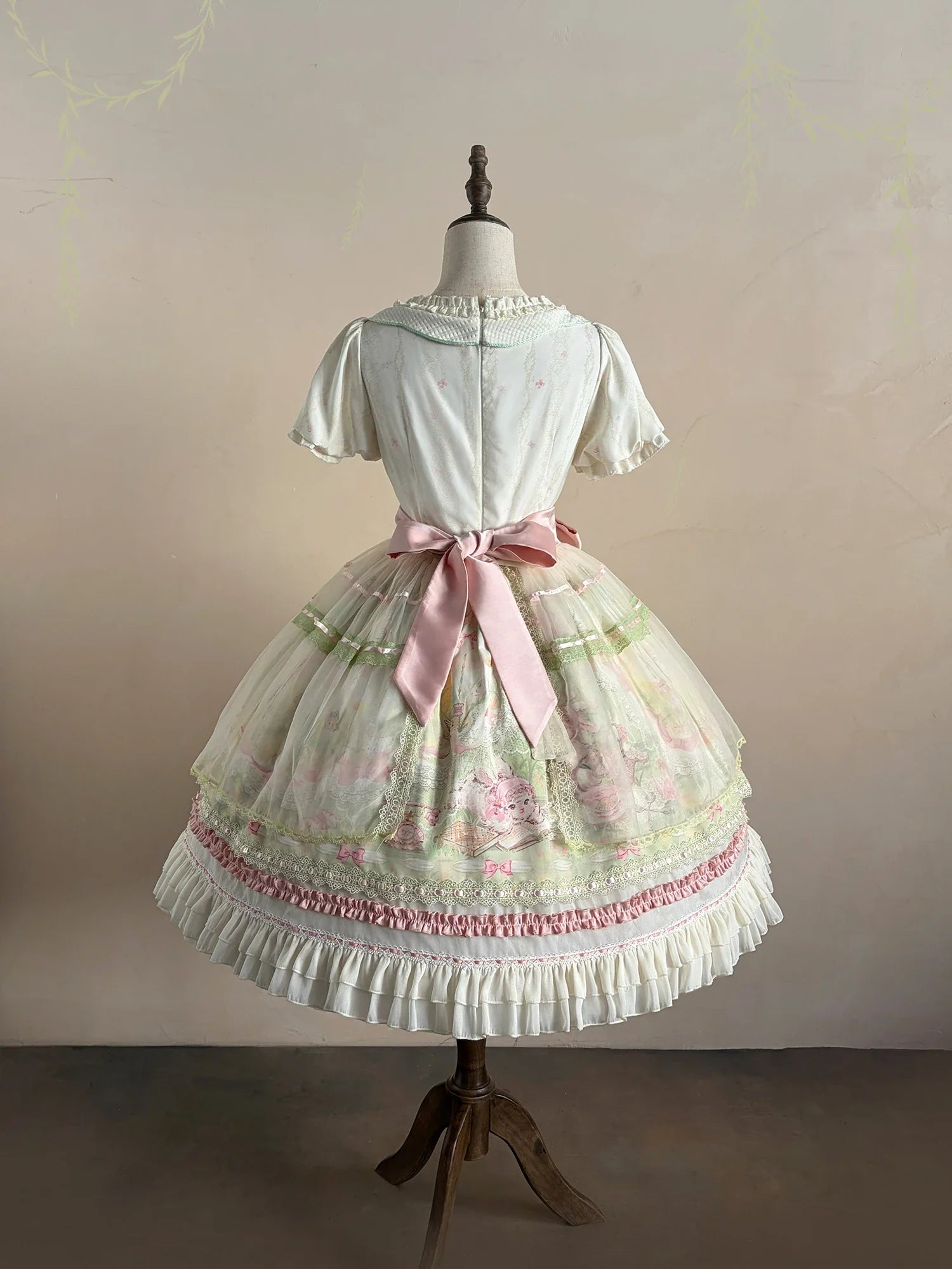 Bamboo Rabbit Pink Green Bunny Floral Print Bow Classic Lolita OP Dress and Accessories - image 10