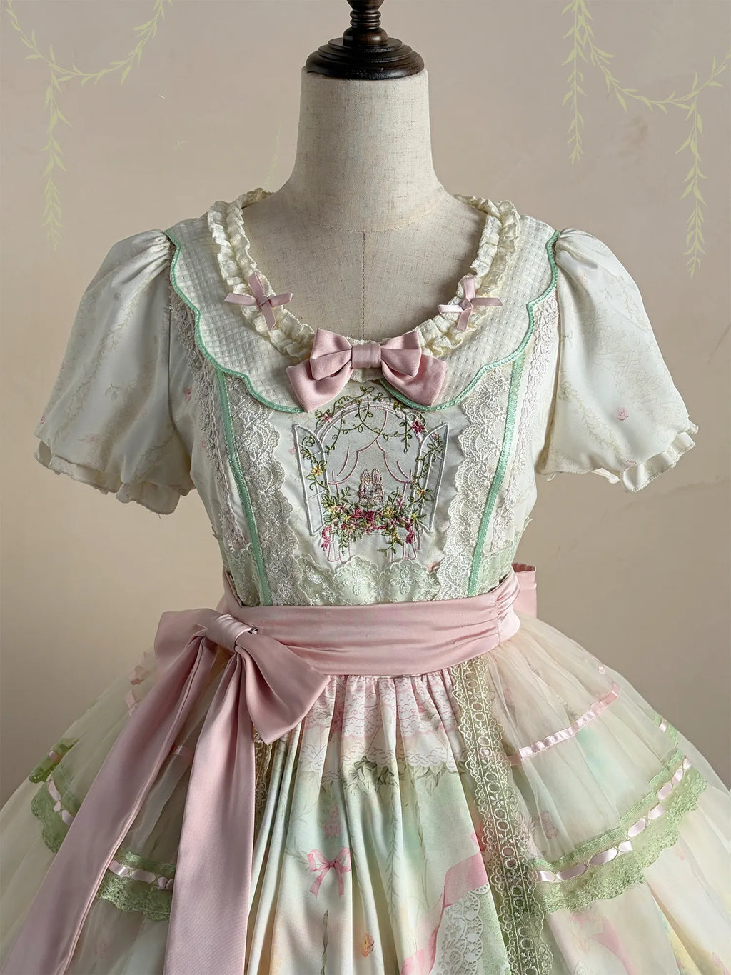 Bamboo Rabbit Pink Green Bunny Floral Print Bow Classic Lolita OP Dress and Accessories - image 9